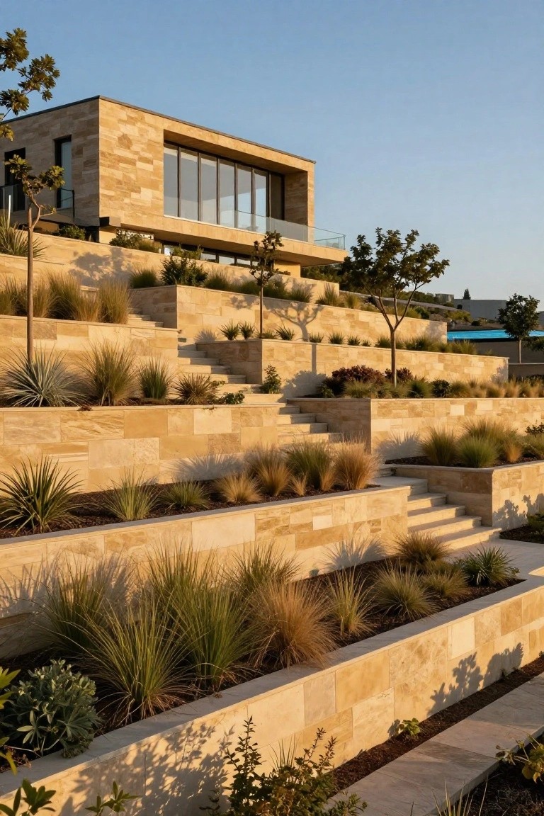 Modern hillside home with terraced stone walls and landscaped gardens.