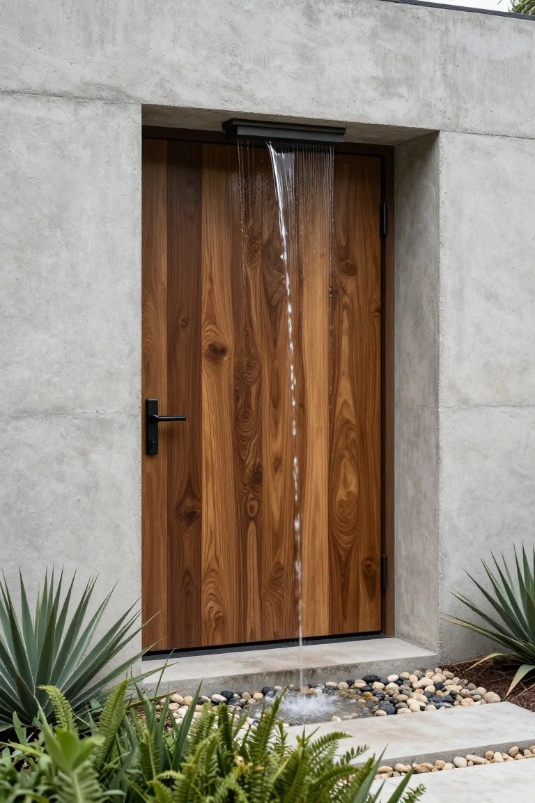 Wooden front door set in a concrete wall with a thin waterfall cascading from above into a pebble-filled basin surrounded by agave plants and ferns.