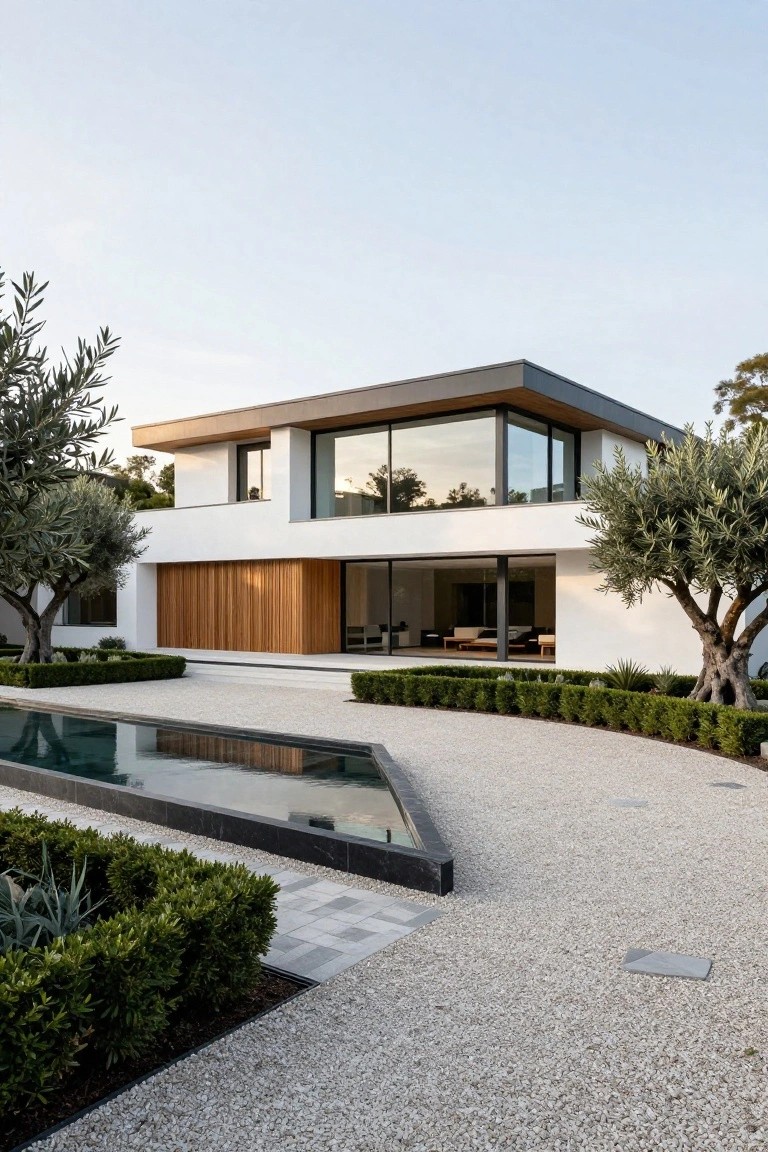 Modern white stucco house with vertical wood slat cladding on entry wall, large corner glass windows, olive trees flanking sides, triangular reflecting pool beside gravel driveway and boxwood hedges.