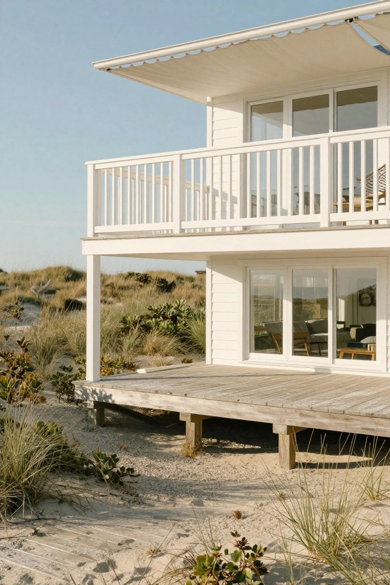 White house elevated on wooden pilings with balcony, deck, and large windows, surrounded by sand dunes and beach grass.