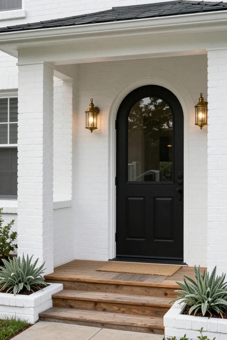 White brick house front porch with black arched glass door, gold lanterns on columns, wooden steps, seagrass doormat, and white planters holding agave plants.