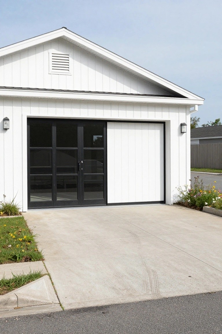 White board-and-batten detached garage with gabled roof, black framed glass double doors next to a white panel garage door, side lanterns, concrete driveway, and edge landscaping.
