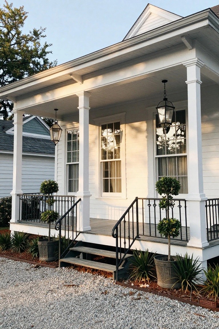White wooden house with porch, steps, and black railings.