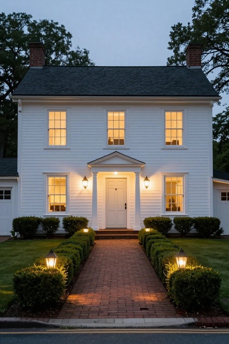 White clapboard house with dark roof and attached garage, featuring a brick pathway lined by boxwood hedges and flanked by lanterns leading to a columned front entry at dusk.