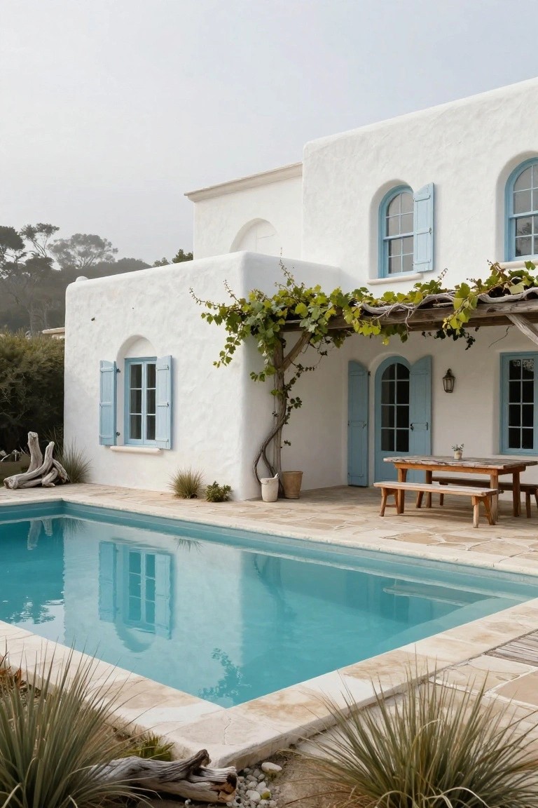 White stucco house with rounded walls and blue shutters on arched windows and doors, vine-covered pergola shading wooden dining table beside turquoise pool on travertine patio with grasses and driftwood.