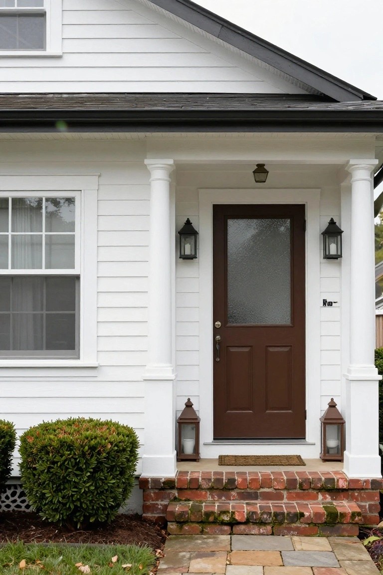 White clapboard house exterior with a covered front porch supported by white columns, a dark wood door with frosted glass panel, lanterns on porch posts, brick steps, boxwood shrubs, and a stone pathway.