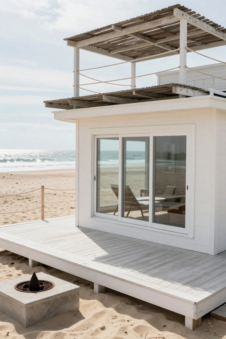 White rectangular cabin with pergola roof on raised wooden deck overlooking ocean waves and beach, large sliding glass doors open to interior lounge chairs, concrete fire pit adjacent on sand.