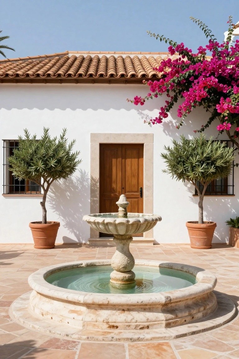 White stucco house facade with wooden door flanked by potted olive trees in terracotta pots, central circular stone fountain with water in terracotta-tiled courtyard patio, pink bougainvillea on wall under terracotta tile roof.