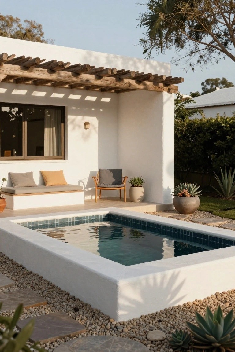 White stucco courtyard with rectangular turquoise-tiled plunge pool, wooden pergola overhead, cushioned bench, rattan chair with cushions, potted agaves and succulents, stone pavers, and pebble ground cover.