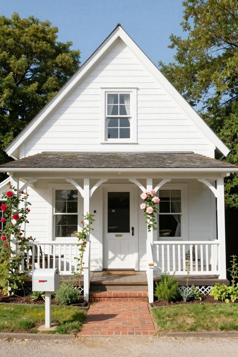 White gabled house with covered front porch supported by posts draped in pink climbing roses, flanked by red rose bushes, brick pathway to the door, white mailbox, and green yard.