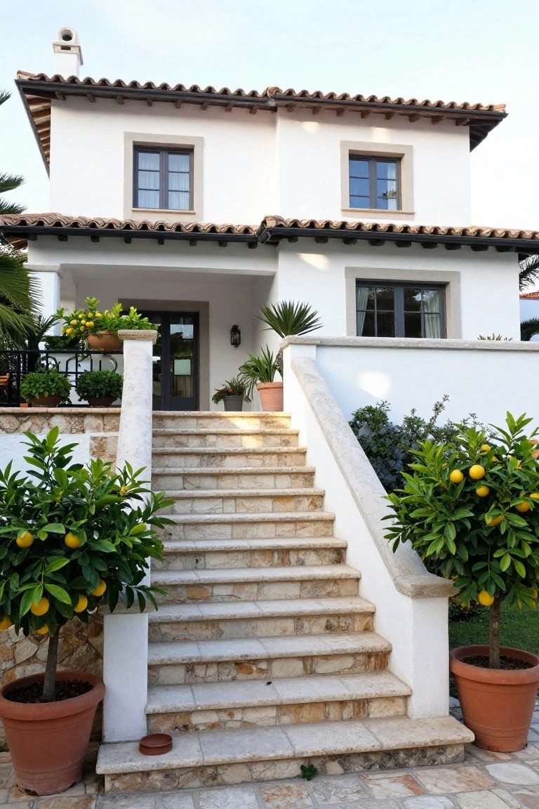 White stucco house with terracotta tile roof and black trim, featuring wide stone steps to the entry flanked by two large potted lemon trees in terracotta pots.
