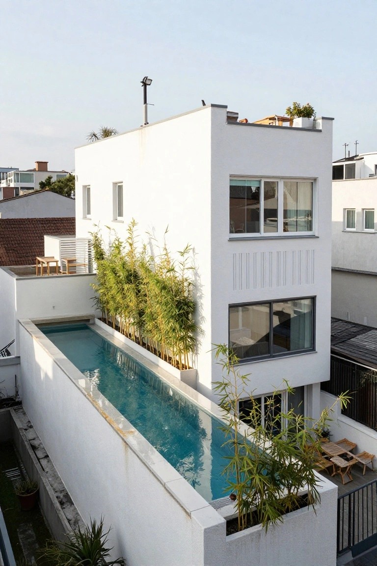White modern house with a long narrow infinity-edge pool running parallel to the facade, lined with tall bamboo plants in planters and outdoor seating nearby.