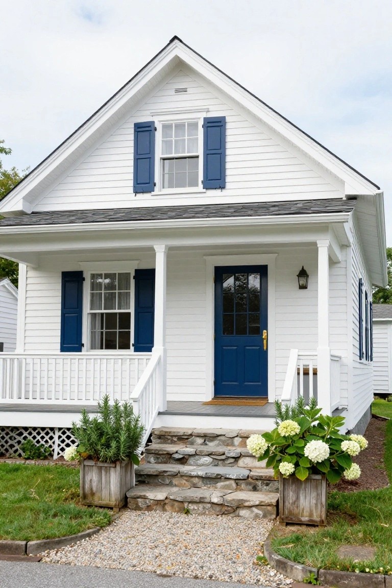 White house with blue door, shutters, and flower-filled planters.