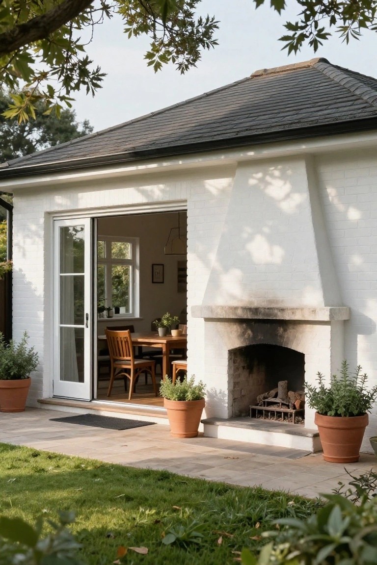 White house exterior with open sliding glass doors revealing an indoor dining table, featuring a tall arched masonry fireplace opening to the patio flanked by terracotta pots with plants on a paved terrace edged by grass and trees.