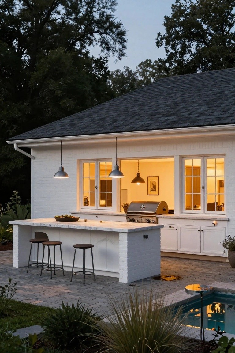 White brick outdoor kitchen cabana with white quartz countertop bar three stools built-in grill pendant lights large windows patio pavers small turquoise pool landscaping and trees at dusk
