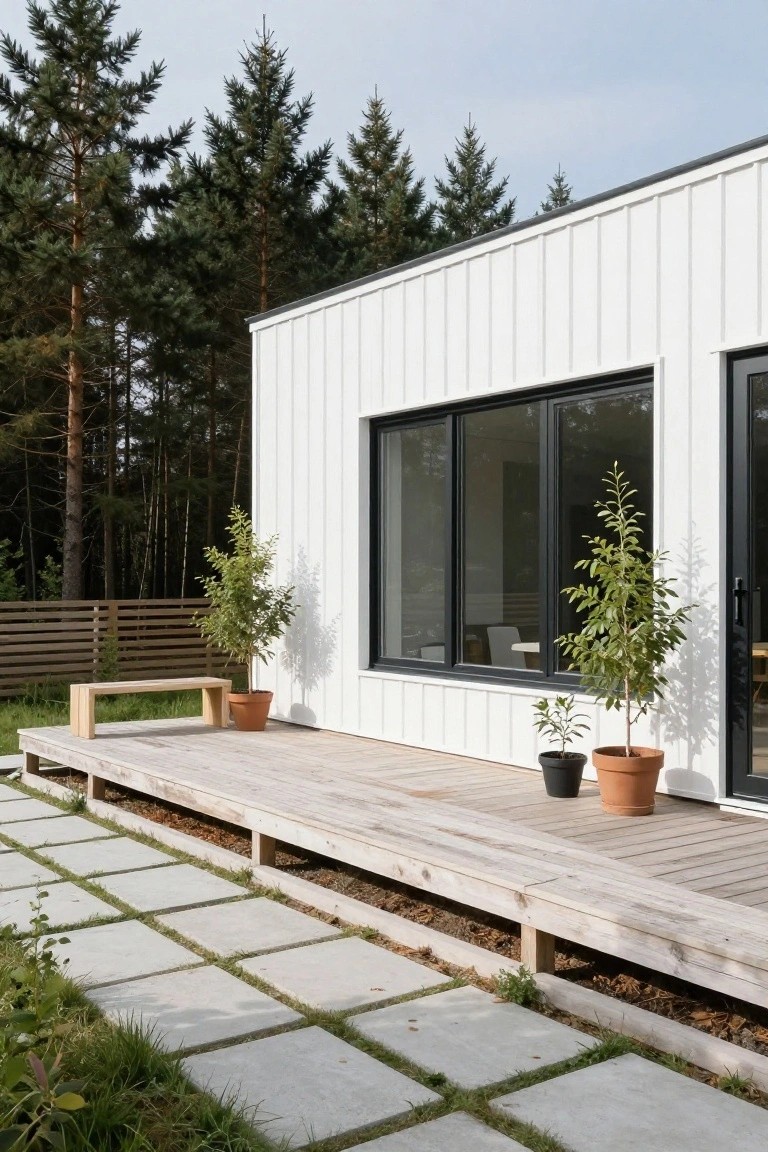 White vertical paneled house with black-framed windows and door elevated on a wooden deck platform, wooden bench and potted plants on deck, stone paver path leading to it with pine trees in background.