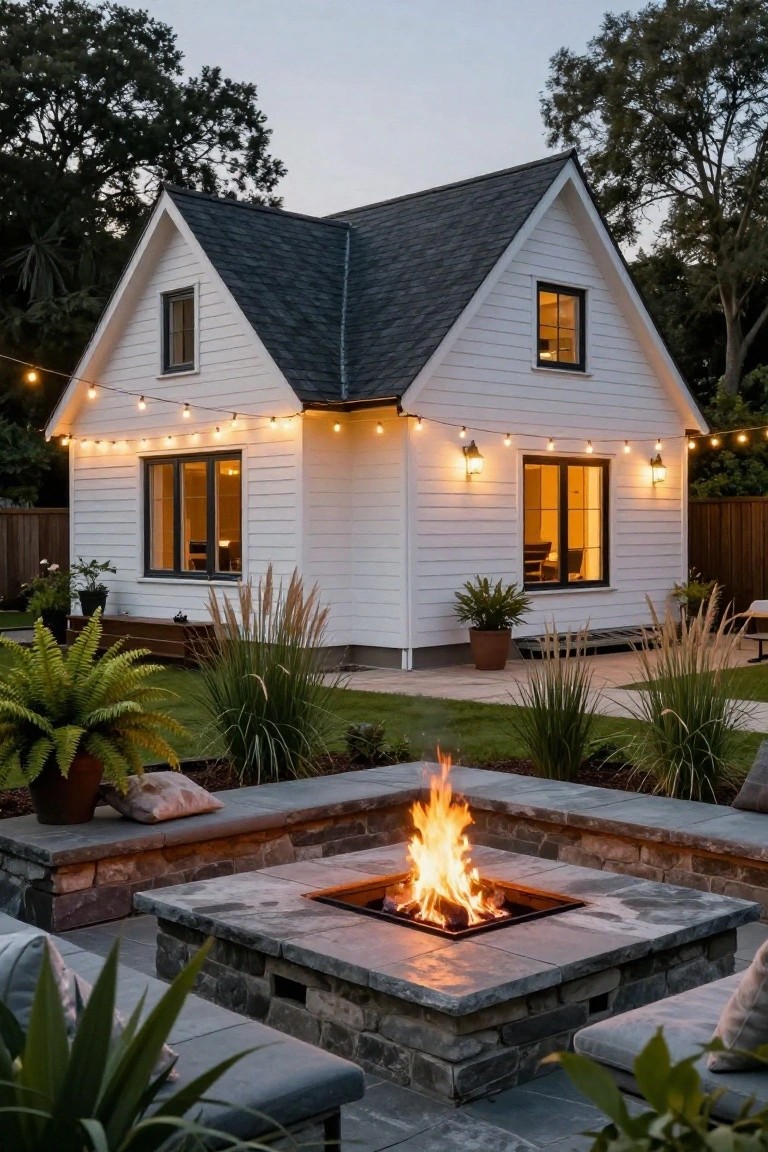 White clapboard backyard house with black roof and trim at dusk, lit by string lights and lanterns, next to a stone patio with central fire pit, built-in benches, and surrounding grasses and potted plants.