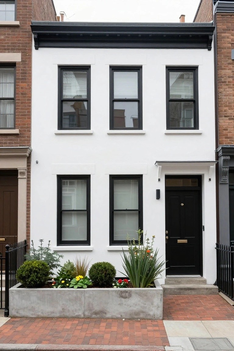 A two-story white townhouse with black window and door frames flanked by brick rowhouses, concrete planter box of plants at the front steps, and brick pathway.