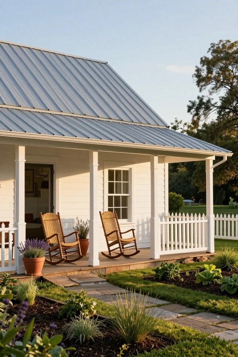 White clapboard house with gray standing seam metal roof and wraparound porch featuring two wicker rocking chairs, potted lavender plants, stone pathway through landscaped beds, and white picket fence.