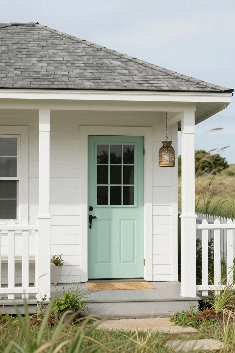 White clapboard cottage with gray shingle gable roof and covered front porch supported by columns, featuring a light teal 9-pane glass door, hanging rattan lantern, seagrass doormat, potted plant, white picket fence section, and beach grass surroundings.