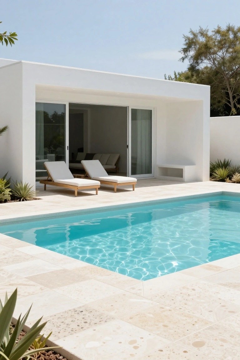 White modern house with sliding glass doors overlooking a turquoise pool surrounded by light travertine tile deck, two white lounge chairs, and succulent plants.