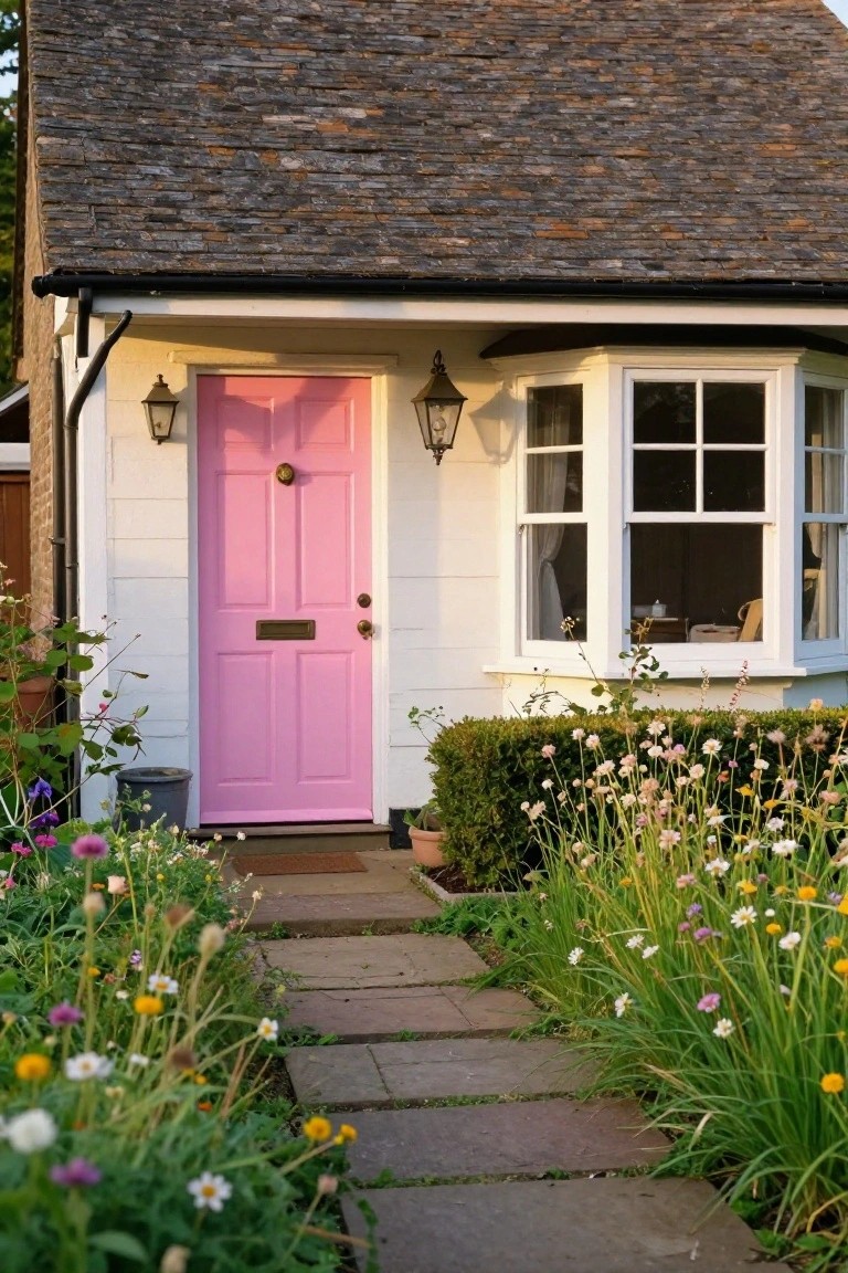 White clapboard house exterior with pink front door, brass knocker and letterbox, lanterns on walls, bay window, stone pathway, and flower gardens on both sides.