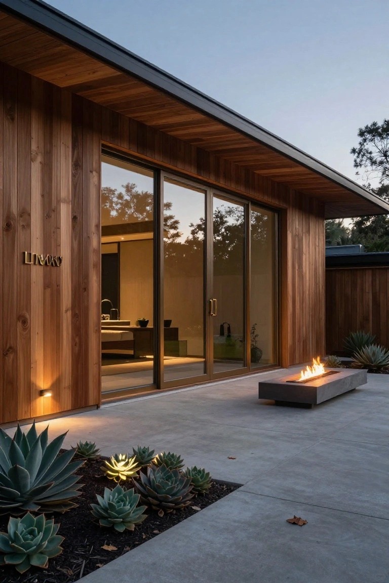 Modern wooden house exterior with glowing fireplace and succulents at dusk.