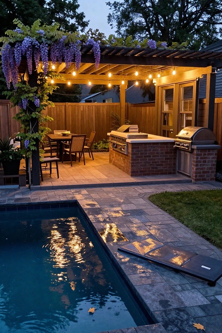 Wooden pergola in a backyard draped with purple wisteria vines and string lights over a dining table, brick outdoor kitchen with grill, paver patio, and edge of a blue in-ground pool at dusk.