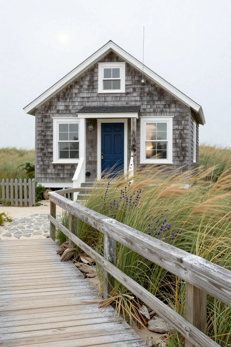 Small gray shingled house with blue front door and white trim sits amid tall beach grasses, reached by a weathered wooden boardwalk path and picket fence.