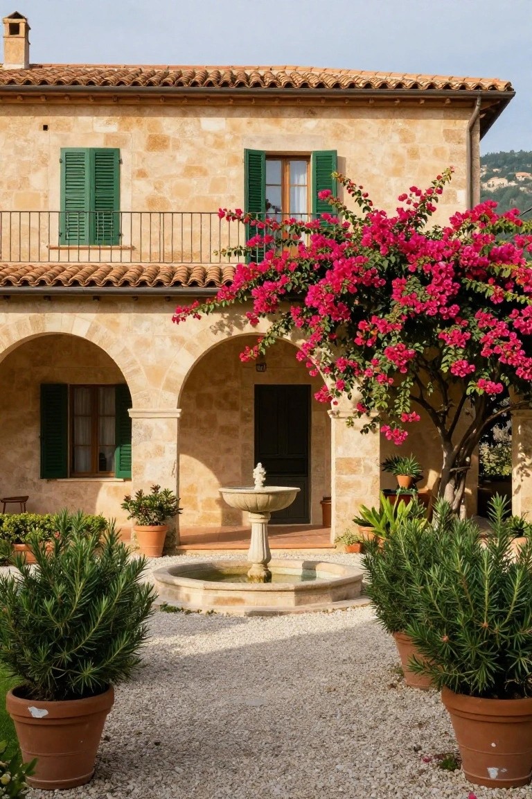 Terracotta-roofed stone house with green shutters and arched courtyard containing a central stone fountain on gravel, flanked by large terracotta pots of rosemary bushes, and pink bougainvillea vines draping over arches and balcony.
