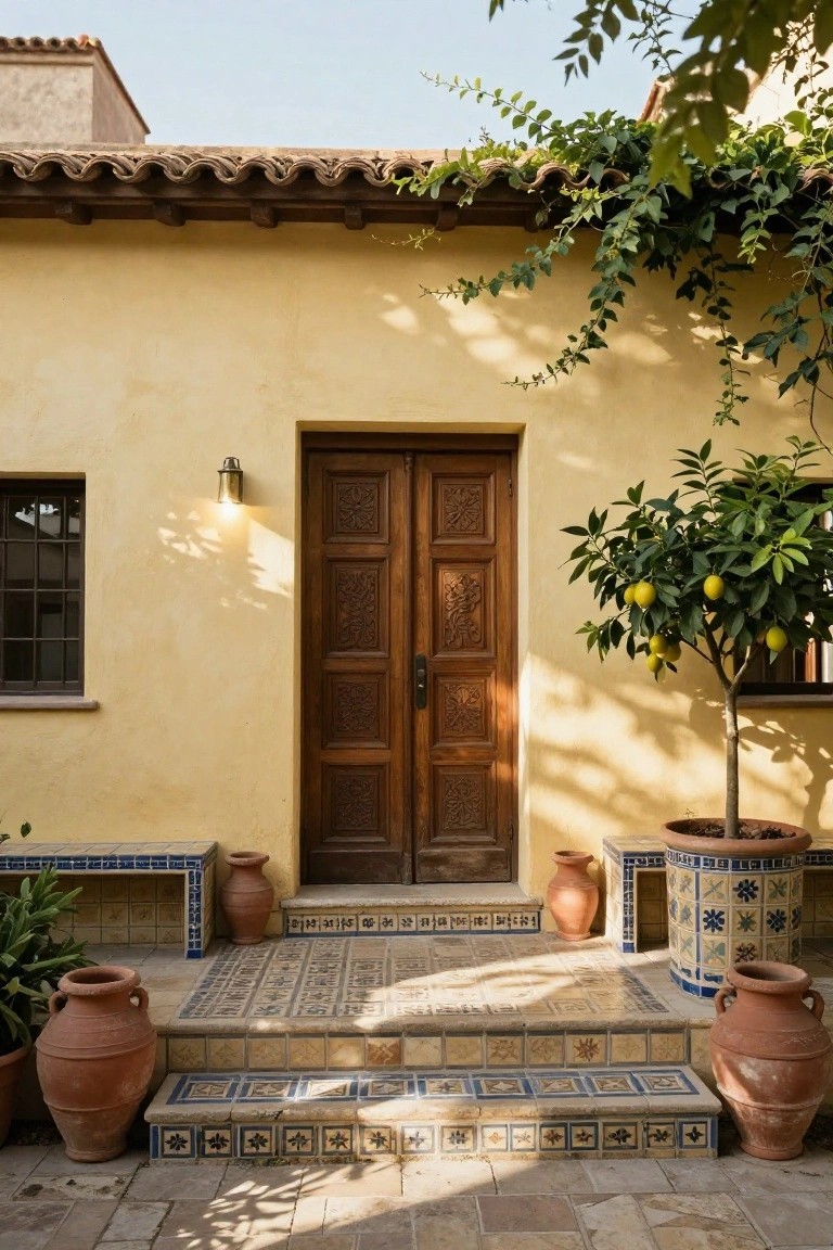 Yellow stucco house facade with tall double wooden door featuring intricate carved panels, wall-mounted lantern to the left, potted lemon tree in blue-and-white container to the right, large terracotta pots on either side of tiled steps with blue accents, and vines along the roofline.