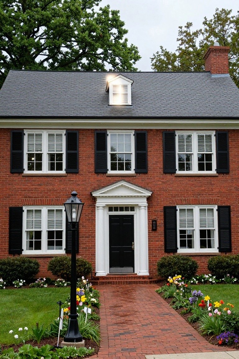 Two-story red brick house with black shutters on white double-hung windows, gray shingle roof with dormer, white columned entry porch with black door and lantern light, brick walkway edged by flower beds and lamp post, green lawn and trees.