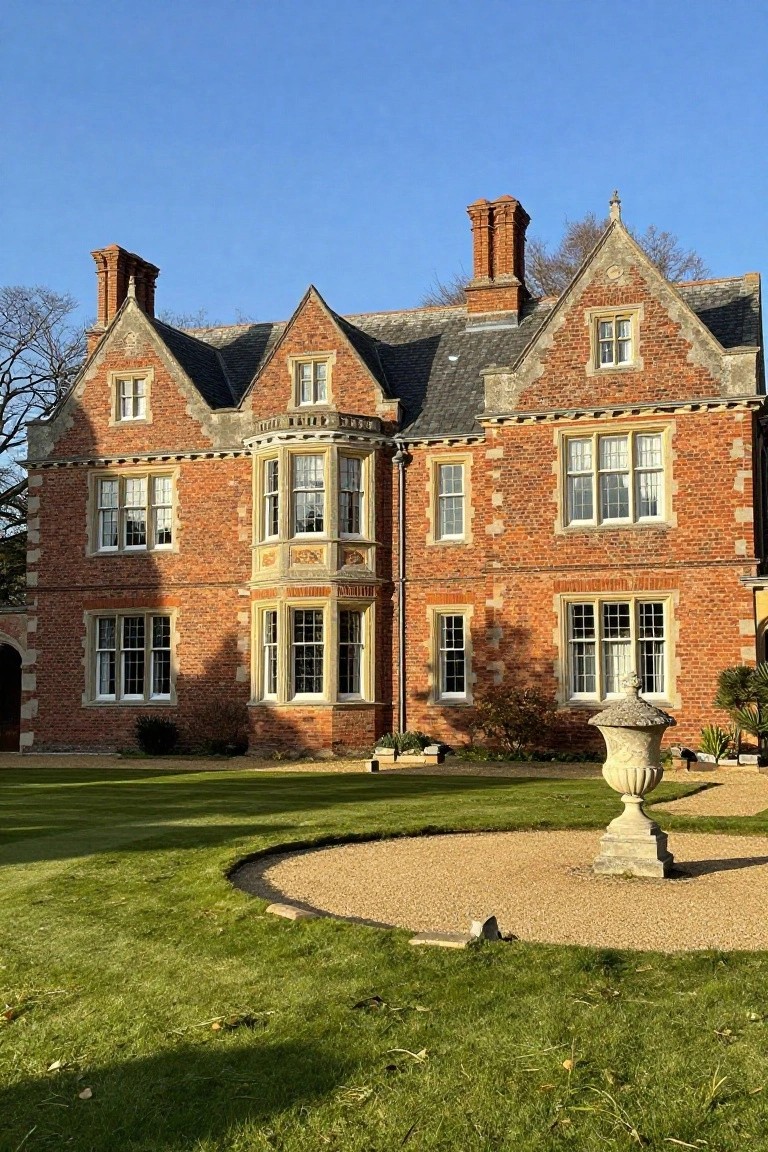 Two-story red brick house with gabled slate roof, multiple chimneys, bay windows with stone surrounds, set against a lawn with a stone urn on a gravel circle.