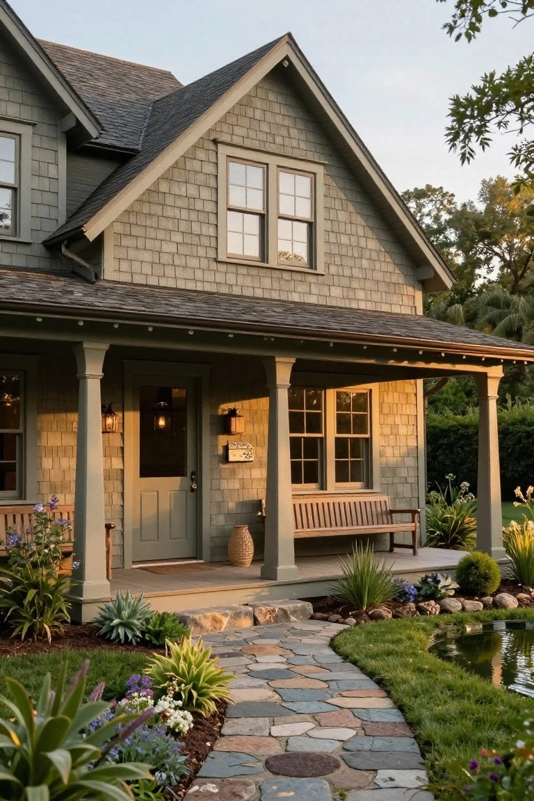 Gray shingle house with green trim and deep covered porch supported by white columns, wooden bench, lanterns flanking the door, and stone pathway curving through garden beds with plants and small pond nearby.