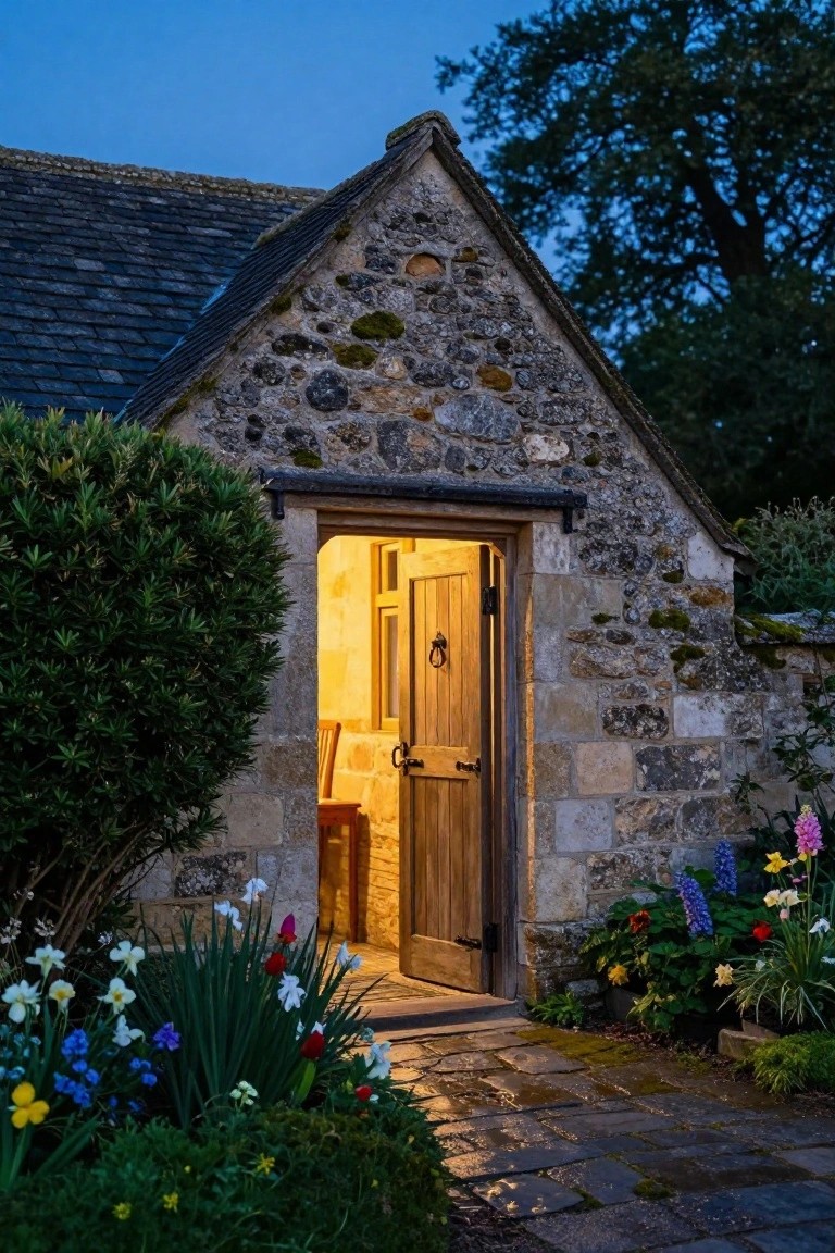 Stone cottage with open wooden door emitting warm interior light at dusk, bordered by dense flowering shrubs and perennials along a wet stone path.