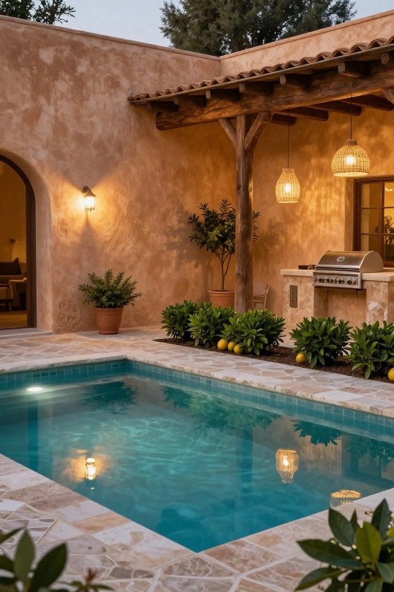 Small turquoise-tiled plunge pool in a beige stucco courtyard patio at dusk, next to a stainless steel grill on a stone counter, with potted plants, hanging rattan lanterns, wooden beams, and lemon trees.