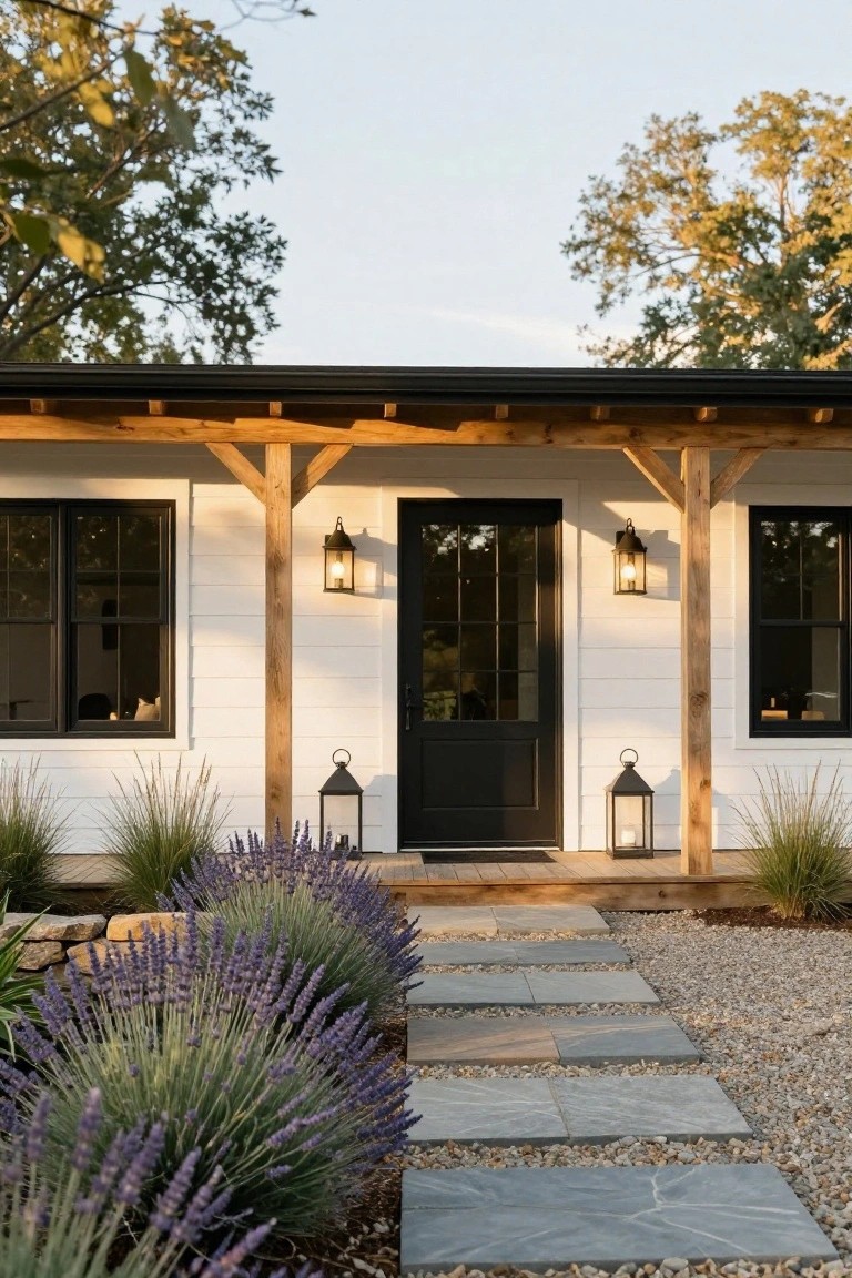 White shiplap house with black windows and front door under a covered porch supported by wooden posts and lanterns, stone pathway edged with lavender bushes through gravel yard.