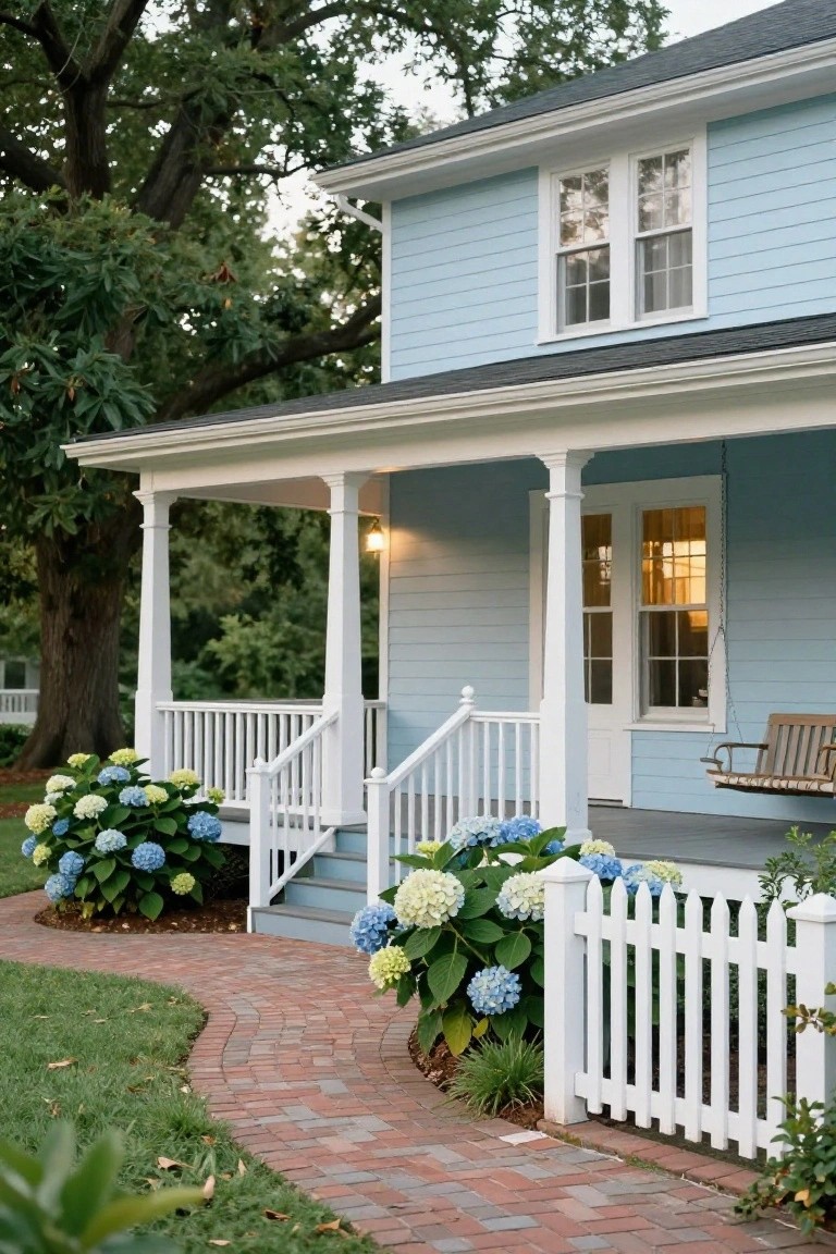 Light blue house with white porch, brick path, and blooming hydrangeas.