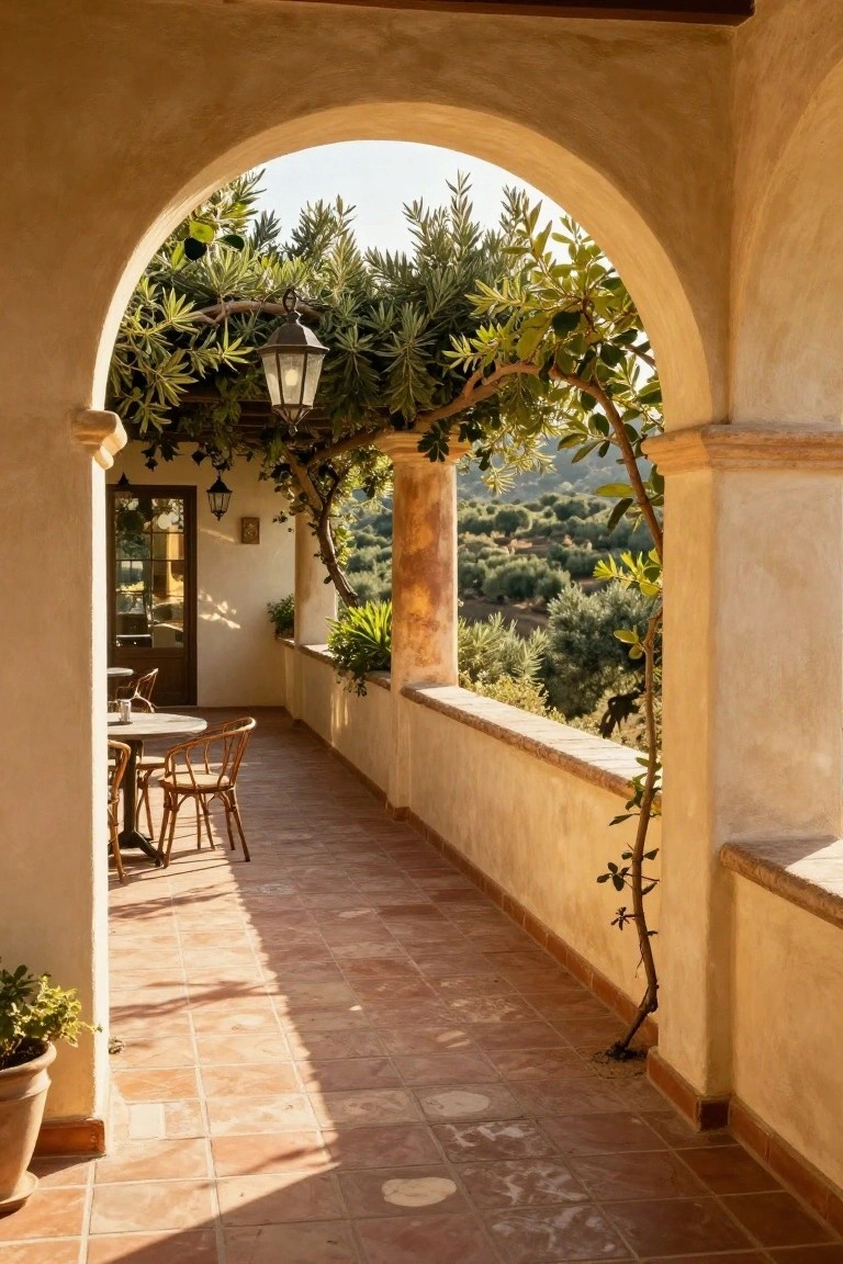 Beige stucco arched opening draped with dense green olive branches and leaves, leading to terracotta-tiled balcony with round table, wicker chairs, potted plants, hanging lantern, and distant view of olive groves.