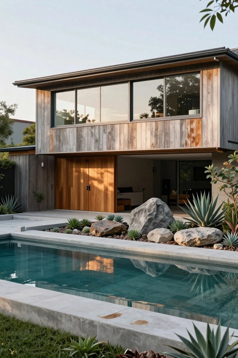 Modern wooden house with pool, rocks, and agave plants.