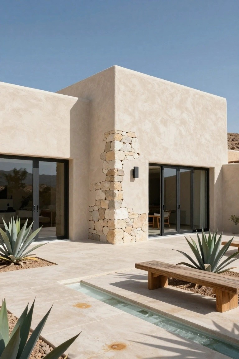 Modern desert courtyard with stone chimney, pool, and beige stucco walls.