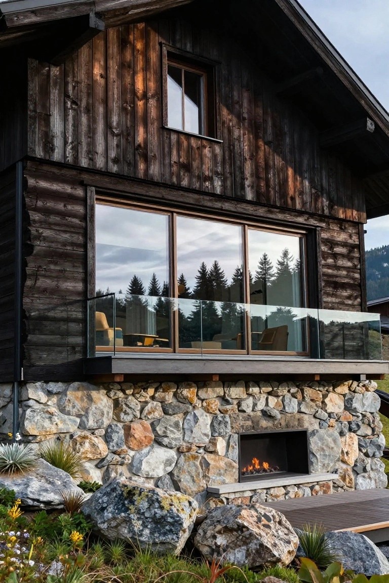 Dark wood chalet exterior with glass balcony above a stone wall base containing an outdoor gas fireplace, surrounded by boulders, grasses, and plants on a wooden deck in mountains.