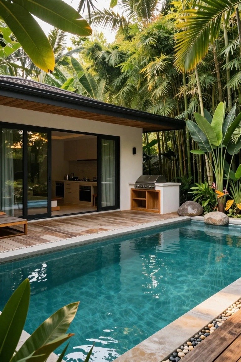 Modern white house with black sliding glass doors open to a wooden deck next to a turquoise rectangular pool edged in pebbles and plants, outdoor grill on white base nearby, surrounded by dense tropical foliage including palms, bamboo, and banana trees.