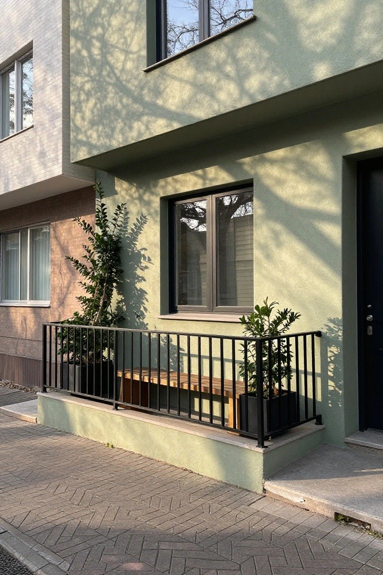 Modern apartment balcony with wooden bench, black railing, and potted plants.