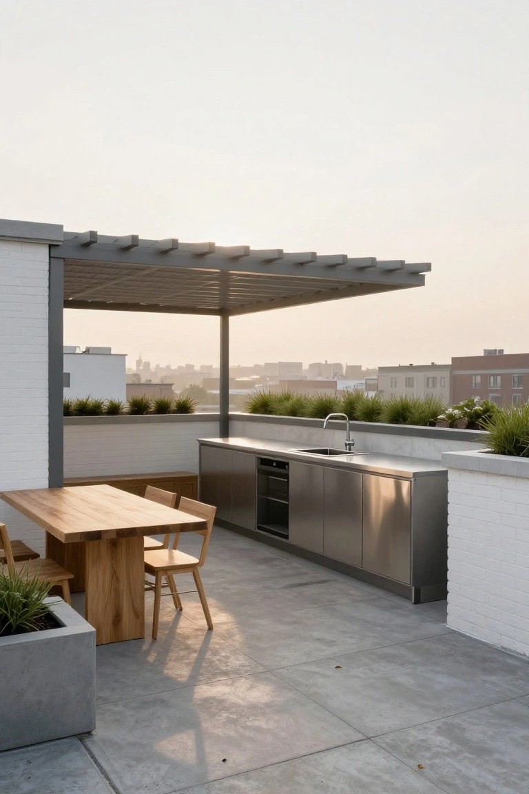 Rooftop terrace with stainless steel outdoor kitchen including sink and cabinets, wooden rectangular table and four chairs, concrete planters with greenery, metal pergola shade structure, white brick walls, and city view in background.
