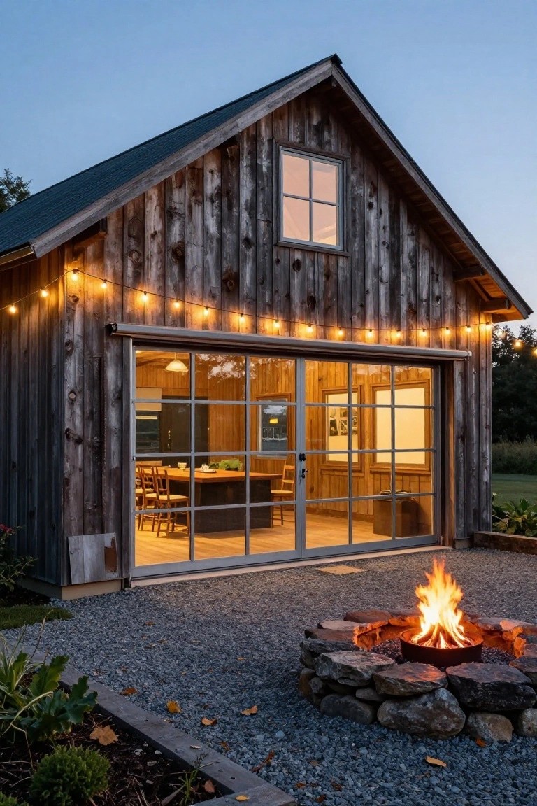 Rustic barn with glowing windows, string lights, and a fire pit at dusk.