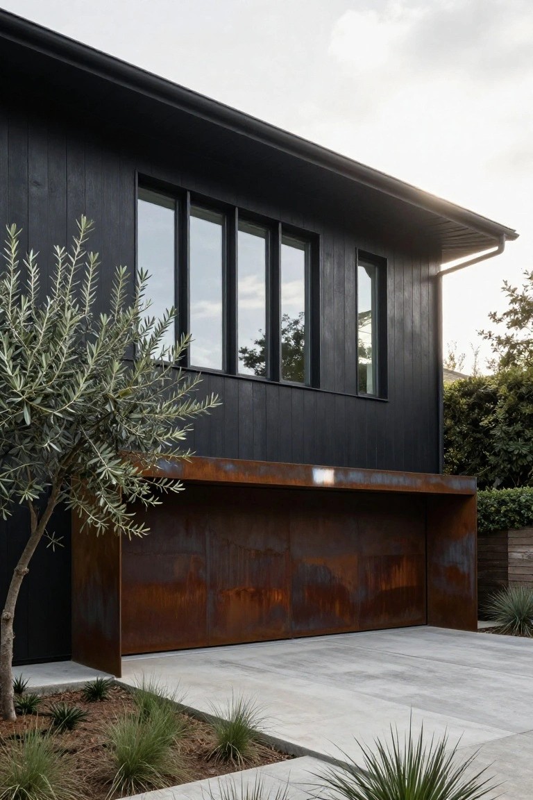 Side view of modern house with black vertical wood cladding, large black-framed triple window, corten steel garage door under metal overhang, olive tree, grasses in mulch bed, concrete driveway, and hedge fence.