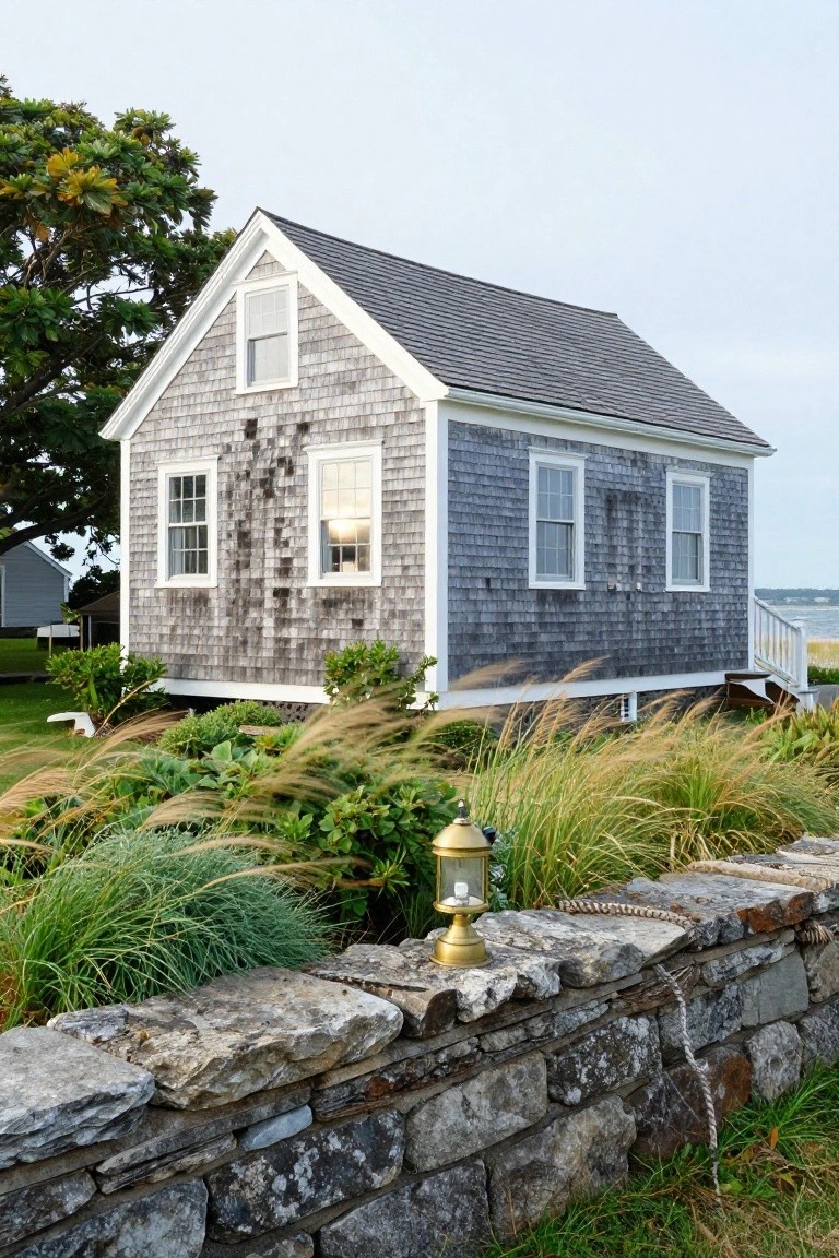Gray shingled cottage with white trim behind stone wall and lantern.