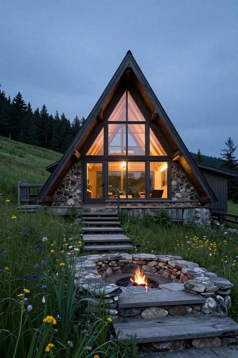 A triangular A-frame cabin with extensive front glass windows, stone foundation and accents, wooden steps leading to the entry, stone fire pit, and wildflowers on a grassy hillside amid pine trees at dusk.