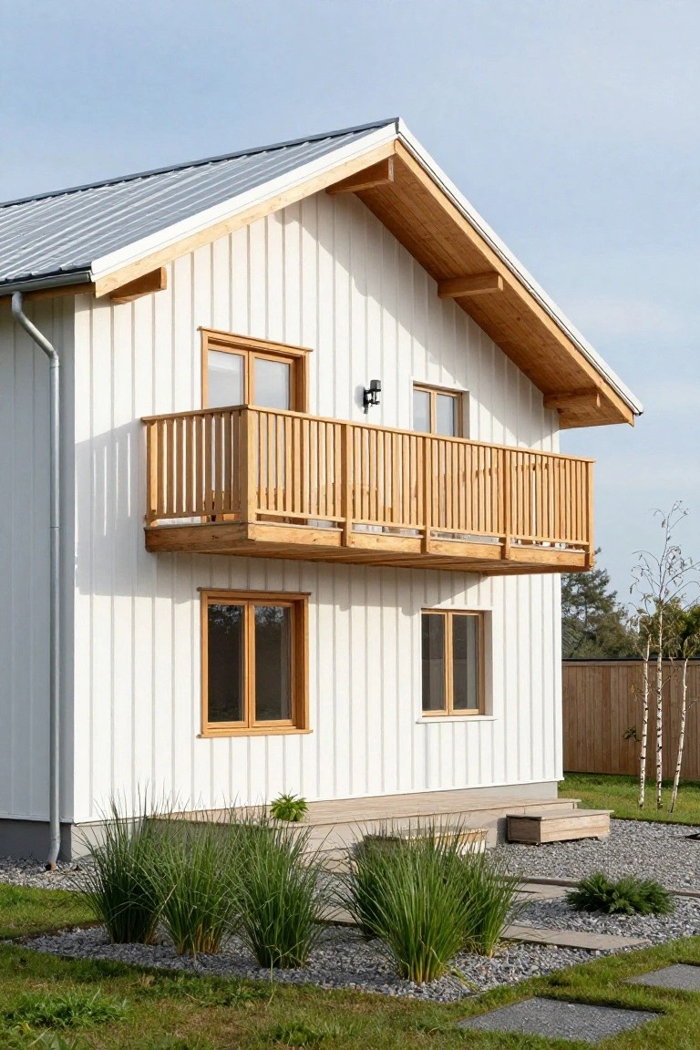 Side view of a two-story house with white vertical siding, protruding wooden balcony with railing, dark metal roof, wooden window frames, downspout, gravel beds with ornamental grasses, and steps at the base near birch trees and a wooden fence.